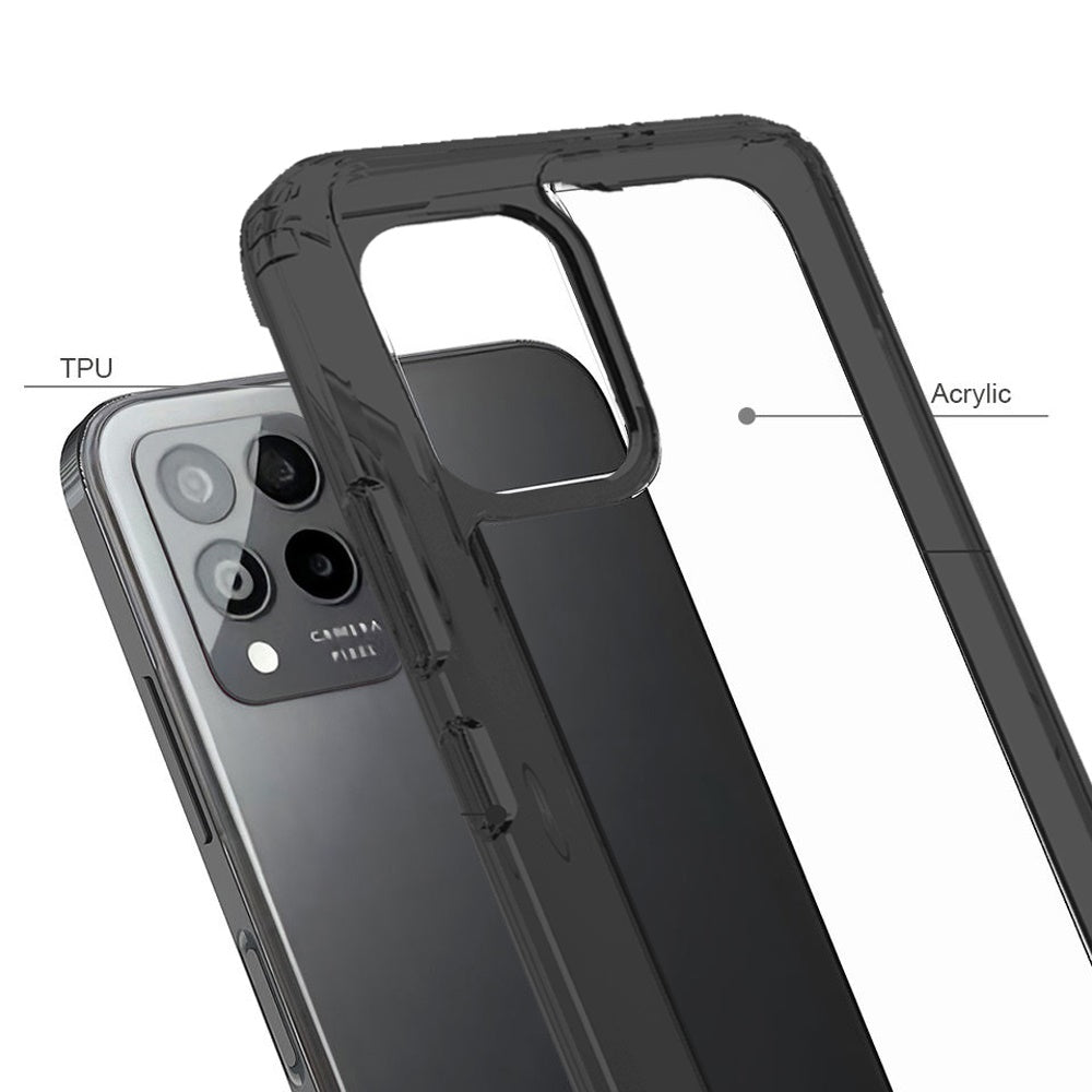 For T-Mobile Revvl 6 5G Hybrid Crystal Clear Transparent Shock-Absorption Bumper with TPU + Hard PC Back Frame Black Phone Case Cover