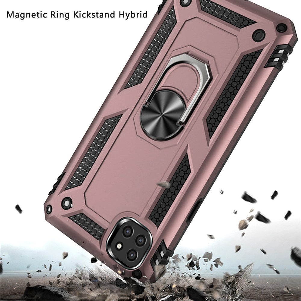 For Samsung Galaxy A22 5G Armor Hybrid Durable 360 Degree Rotatable Ring Stand Holder Kickstand 2in1 Fit Magnetic Car Mount Rose Gold Phone Case Cover