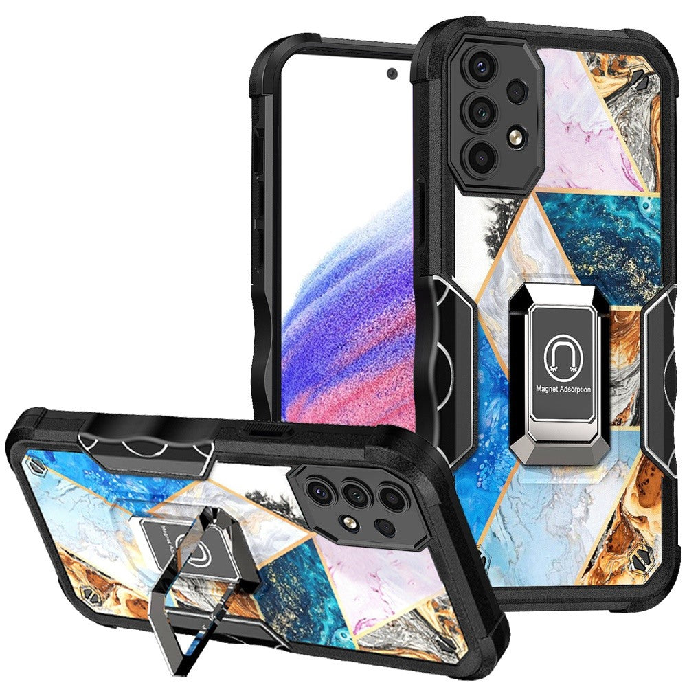 For Samsung Galaxy A53 5G Marble IMD Stone Design Hybrid Armor with Magnetic Ring Stand Kickstand Heavy Duty Rugged Shockproof  Phone Case Cover