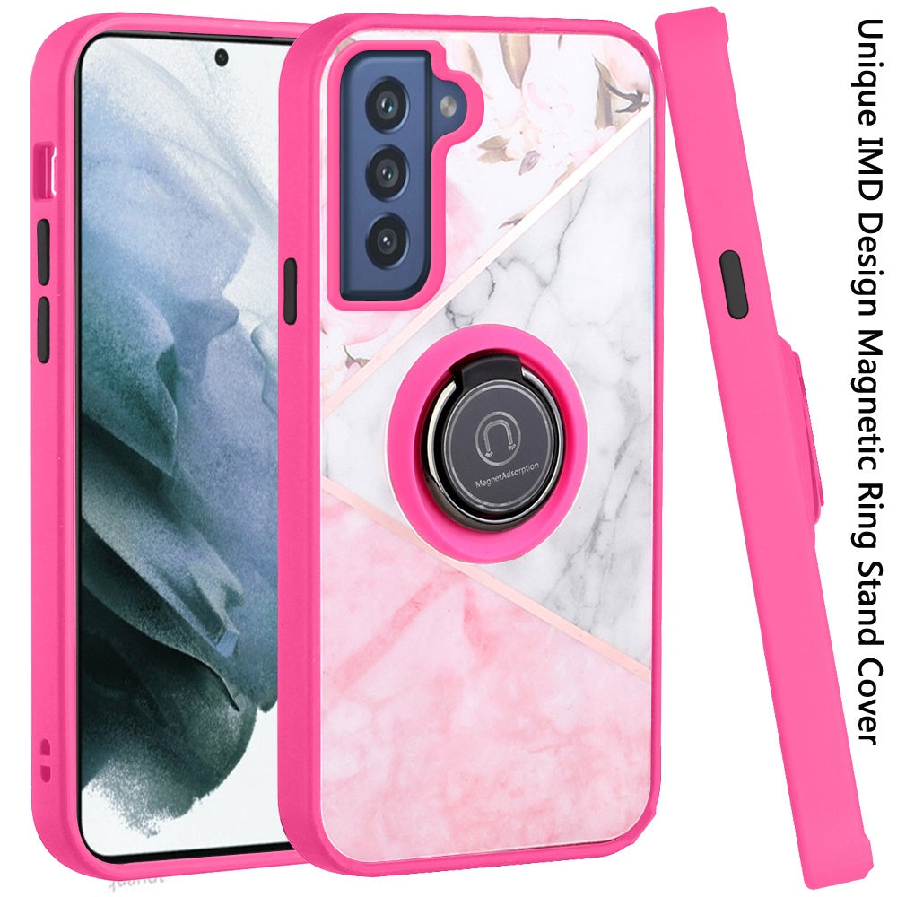 For Samsung Galaxy S22 Plus Marble Design with Magnetic Ring Kickstand Holder Hybrid TPU Hard PC Shockproof Armor Elegant Pink Phone Case Cover