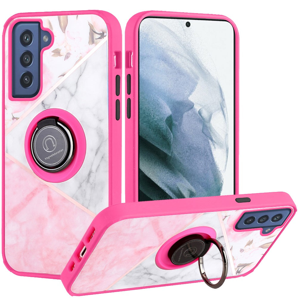 For Samsung Galaxy S22 Plus Marble Design with Magnetic Ring Kickstand Holder Hybrid TPU Hard PC Shockproof Armor Elegant Pink Phone Case Cover