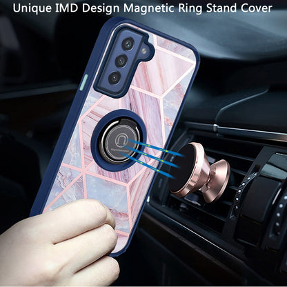 For Samsung Galaxy S22 Plus Marble Design with Magnetic Ring Kickstand Holder Hybrid TPU Hard PC Shockproof Armor Blue Pink Phone Case Cover