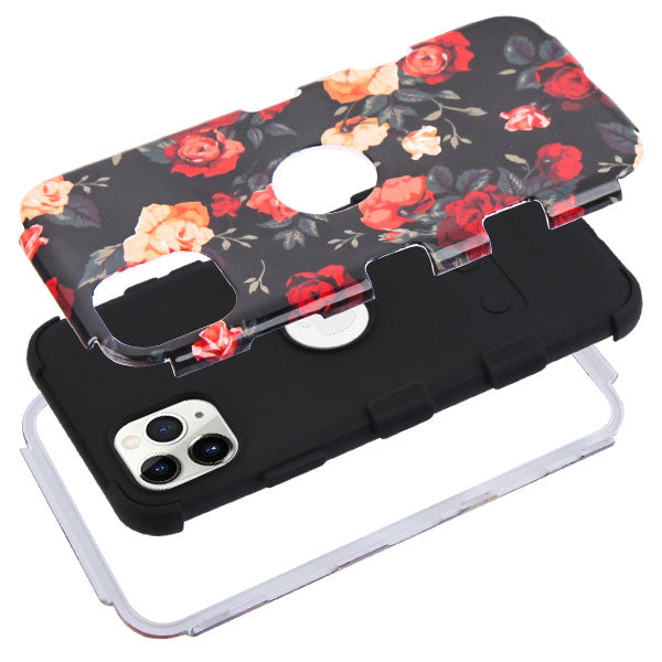 For Apple iPhone 11 Pro Hybrid Three Layer Hard PC Shockproof Heavy Duty TPU Rubber Anti-Drop Red and White Roses Phone Case Cover