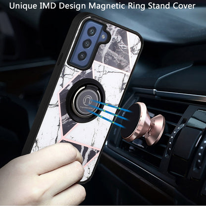 For Samsung Galaxy S22 Plus Marble Design with Magnetic Ring Kickstand Holder Hybrid TPU Hard PC Shockproof Armor Classy Black Phone Case Cover