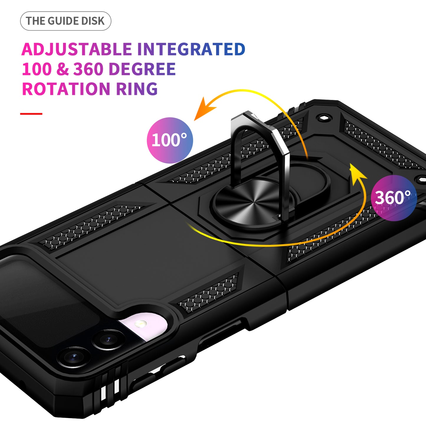 For Samsung Galaxy Z Flip 3 5G Hybrid Durable Dual Layer 360 Degree Rotatable Ring Stand Holder Kickstand Fit Magnetic Car Mount Black Phone Case Cover