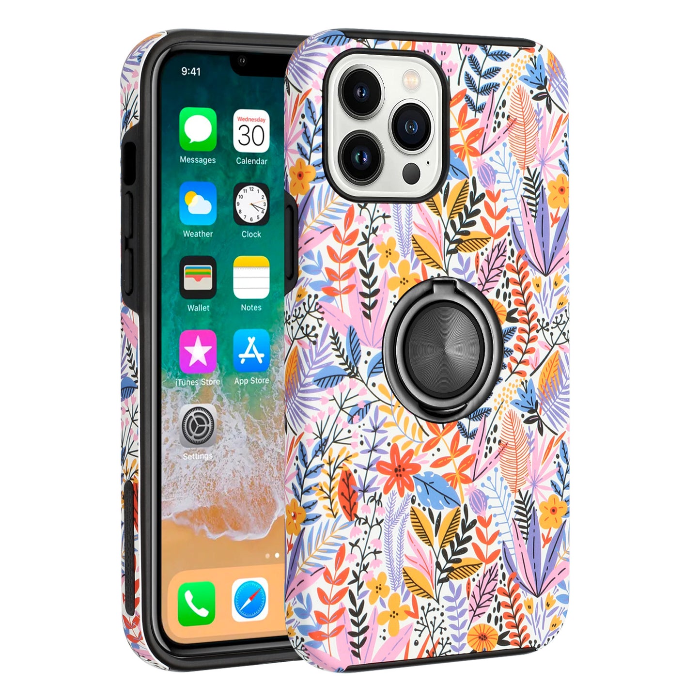 For Apple iPhone 14 /Plus Pro Max Fashion Pattern Design Magnetic Ring Stand Hybrid TPU Hard Back Shockproof  Phone Case Cover