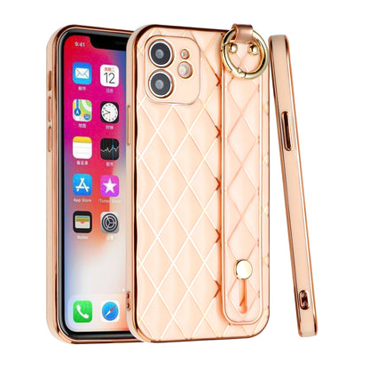 For Apple iPhone 11 (6.1") Chromed Grid Design with Strap Holder Fashion Hybrid Rubber TPU Hard PC Slim Fit  Phone Case Cover