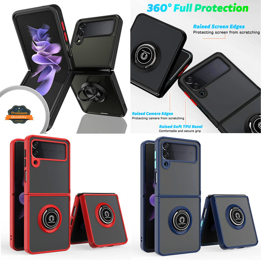 For Samsung Galaxy Z Flip 4 5G Finger Ring Stand Holder Kickstand Hybrid Frosted Matte TPU Hard PC Shock-Absorption  Phone Case Cover