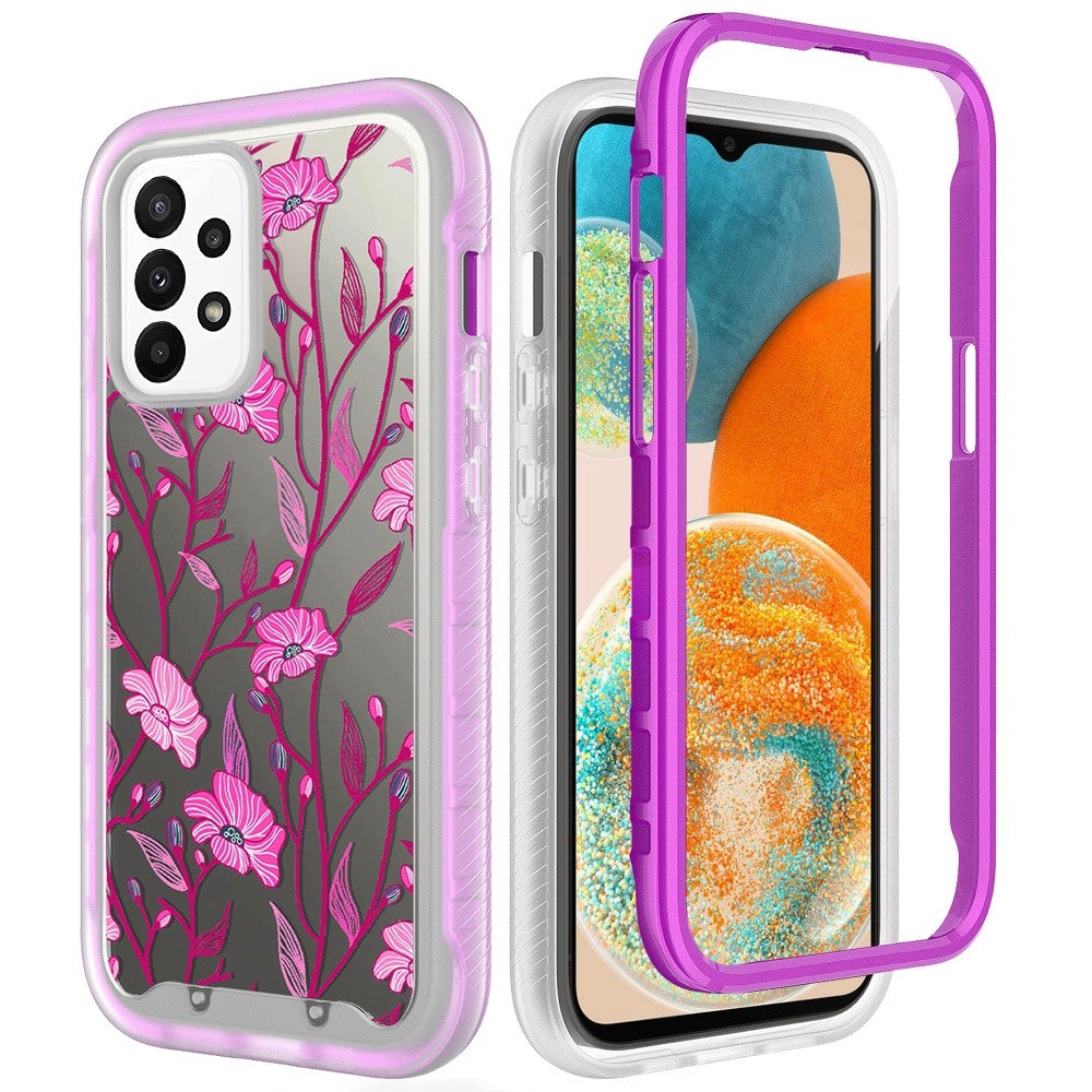 For OnePlus 10T 5G Stylish Flower Design 2in1 Hybrid Dual Layer Armor Hard PC Rubber TPU Shockproof Front Frame Exotic Purple Floral Phone Case Cover