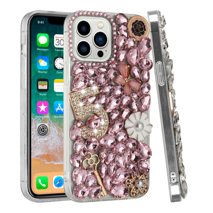 For Apple iPhone 8 Plus/7 Plus/6 6S Plus Bling 3D Full Diamonds Luxury Sparkle Rhinestone Hybrid Protective Pink Five Ornament Floral Phone Case Cover