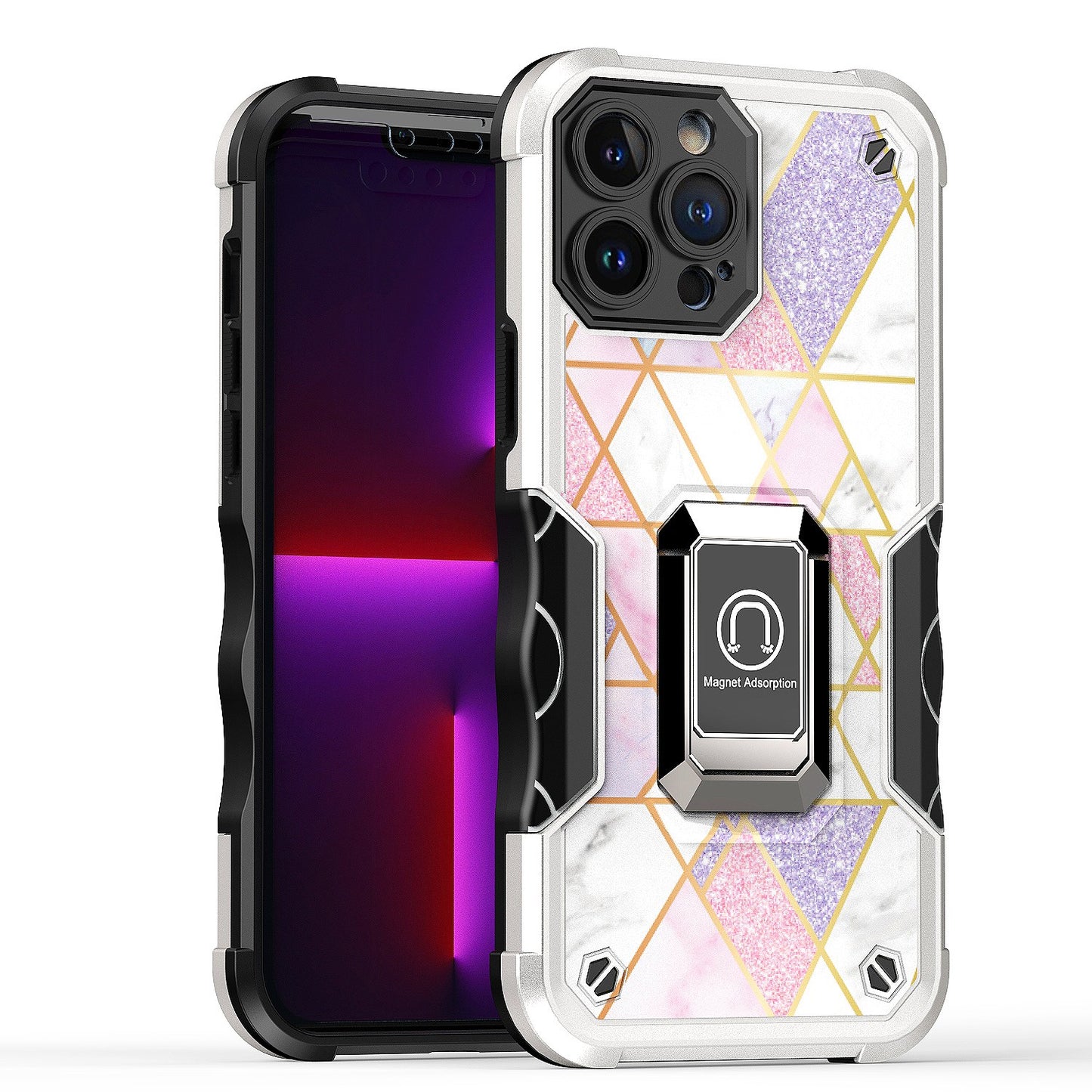 For Apple iPhone 11 (6.1") Marble IMD Stone Design Hybrid Armor with Magnetic Ring Stand Kickstand Heavy Duty Rugged  Phone Case Cover