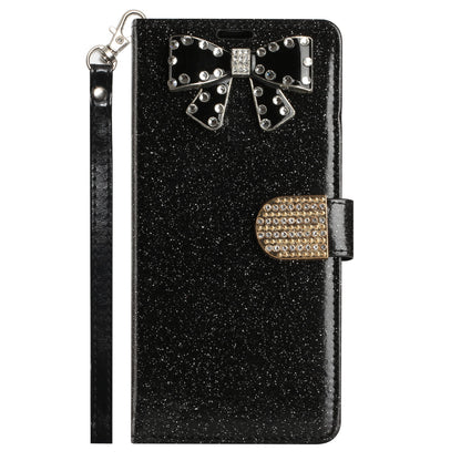 For Apple iPhone 11 (6.1") Wallet Bow Glitter Bling Ornament Shimmer with Credit Card Slot Pocket & Lanyard Strap  Phone Case Cover