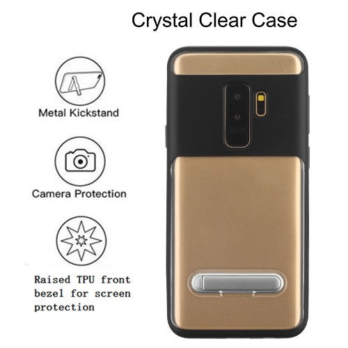 For Samsung Galaxy S9 Plus Hybrid Transparent Rubber Gummy Hard PC with Metal Kickstand Protective Clear Black Phone Case Cover