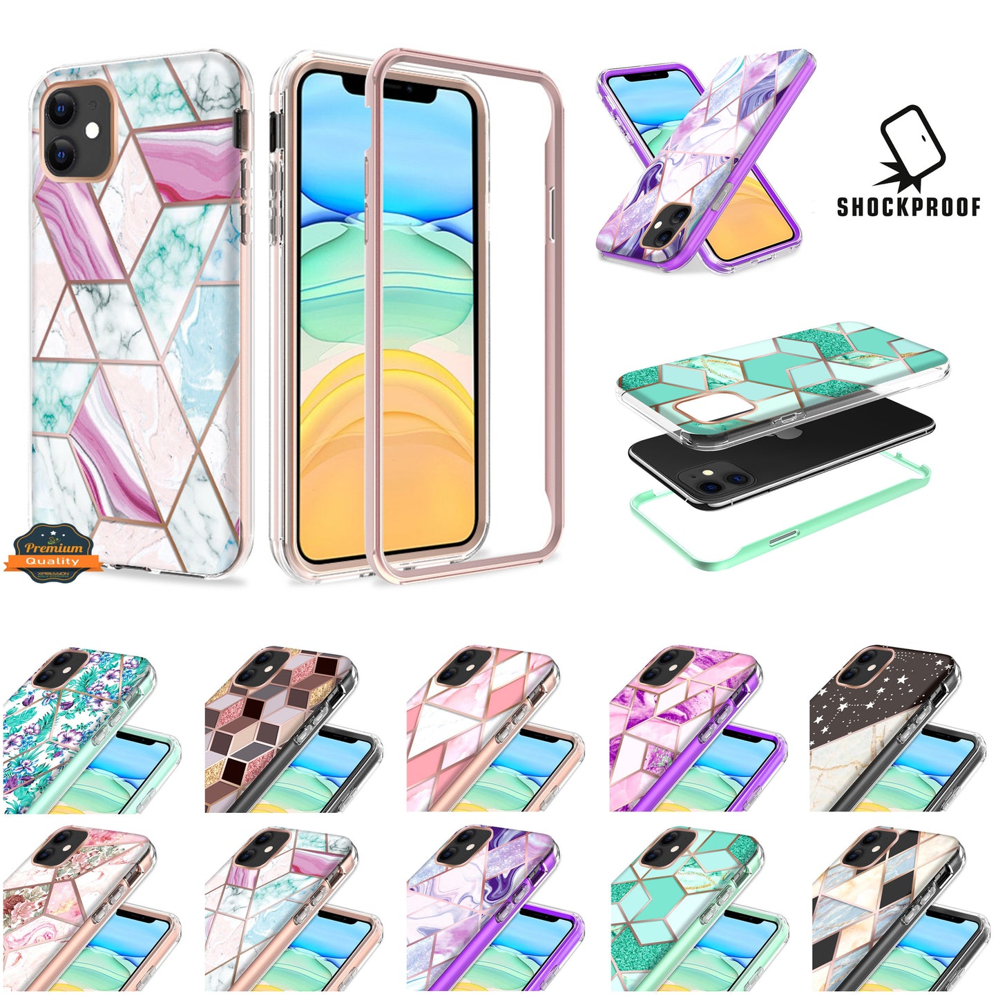 For Apple iPhone 11 (6.1") Dual Layer Hybrid Shockproof Fashion Design IMD Electroplating 2in1 Hard Rubber Frame  Phone Case Cover