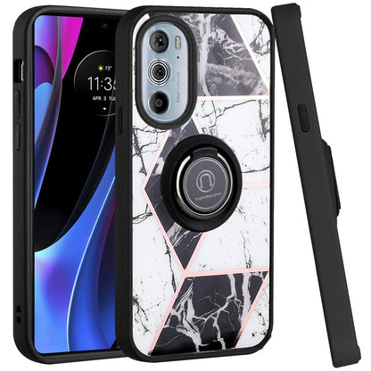 For Motorola Edge+ Plus 2022 Unique Marble Design with Magnetic Ring Kickstand Holder Hybrid TPU Hard Shockproof  Phone Case Cover