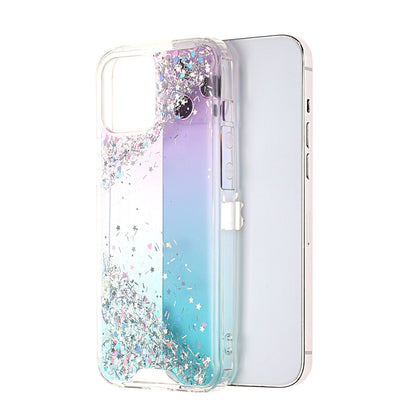 For Apple iPhone 13 (6.1") Pattern Clear Design Transparent Glitter Bling Hybrid Plastic Hard Back TPU Rubber Armor  Phone Case Cover