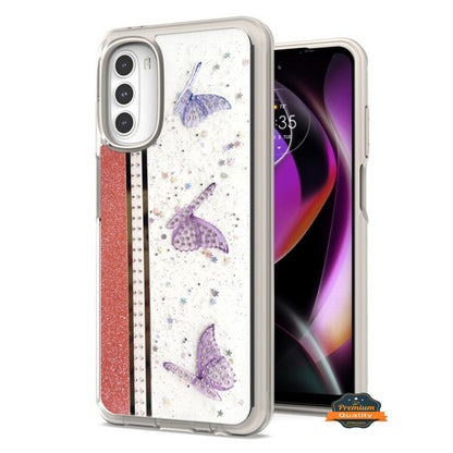 For Motorola Moto G 5G 2022 Butterflies Design Bling Glitter Shockproof Hybrid Soft TPU Frame and Hard PC Back Slim  Phone Case Cover