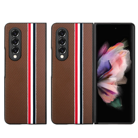 For Samsung Galaxy Z Fold 3 5G Fabric PU Leather Flip Hybrid Shockproof Hard PC Shell TPU Ultra Thin Slim Durable Protective Brown Phone Case Cover