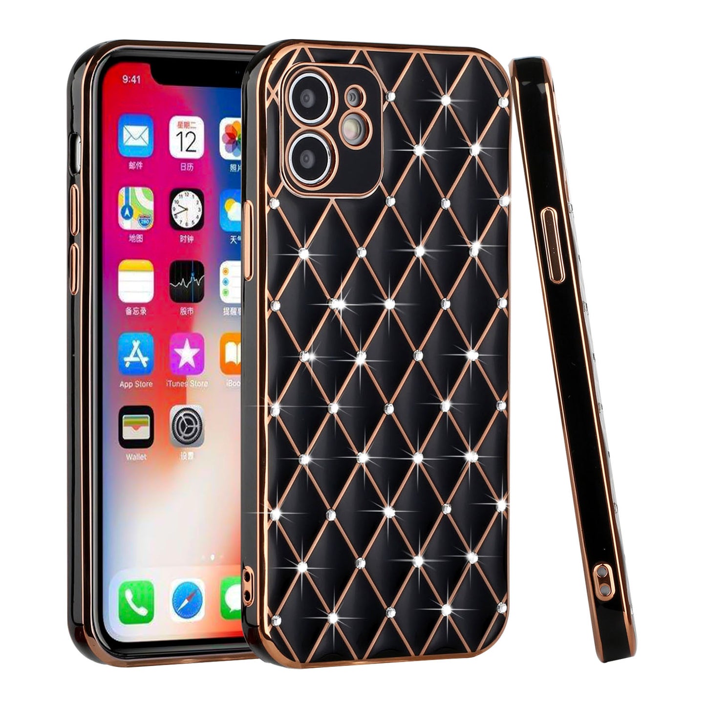 For Apple iPhone 14 (6.1") Luxury Diamonds on Electroplated Grid Design Rhinestone Protective TPU Hard PC  Phone Case Cover