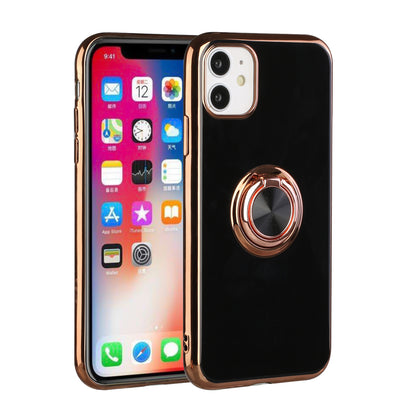 For Apple iPhone 11 (6.1") Slim Hybrid Metal Finger Ring Stand Electroplated Edges TPU Frame Shock-Absorption Bumper  Phone Case Cover