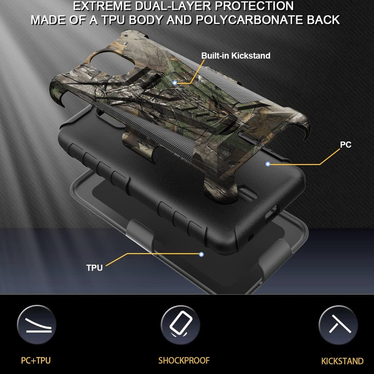 For T-Mobile Revvl 6 5G Swivel Belt Clip Holster with Built-in Kickstand, Heavy Duty Hybrid 3in1 Shockproof Defender Camo Camouflage Phone Case Cover