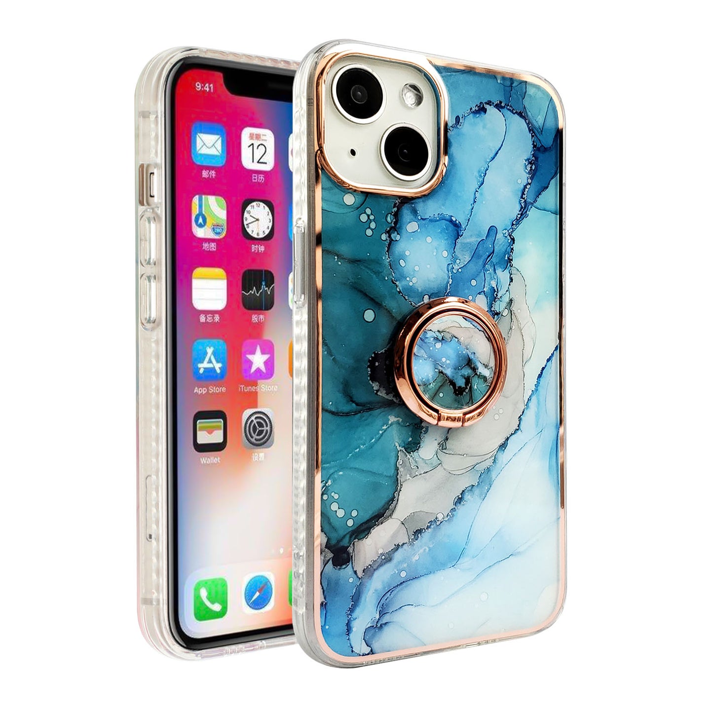 For Apple iPhone 11 (6.1") Pattern Fashion Design Chromed Edge IMD with Ring Kickstand Hybrid TPU Hard Back  Phone Case Cover