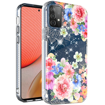 For Samsung Galaxy A72 5G Slim Hybrid Shiny Glitter Clear Floral Pattern Bloom Flower Design TPU Gel Hard PC Back  Phone Case Cover