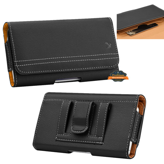 For Nokia C200 Horizontal Universal Carry Pouch Cell Phone Case PU Leather Holster Belt Clip Loop Card Slot & Magnetic Closure [Black]