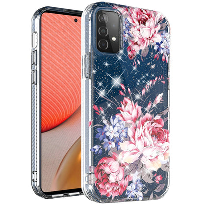 For Samsung Galaxy A72 5G Slim Hybrid Shiny Glitter Clear Floral Pattern Bloom Flower Design TPU Gel Hard PC Back  Phone Case Cover