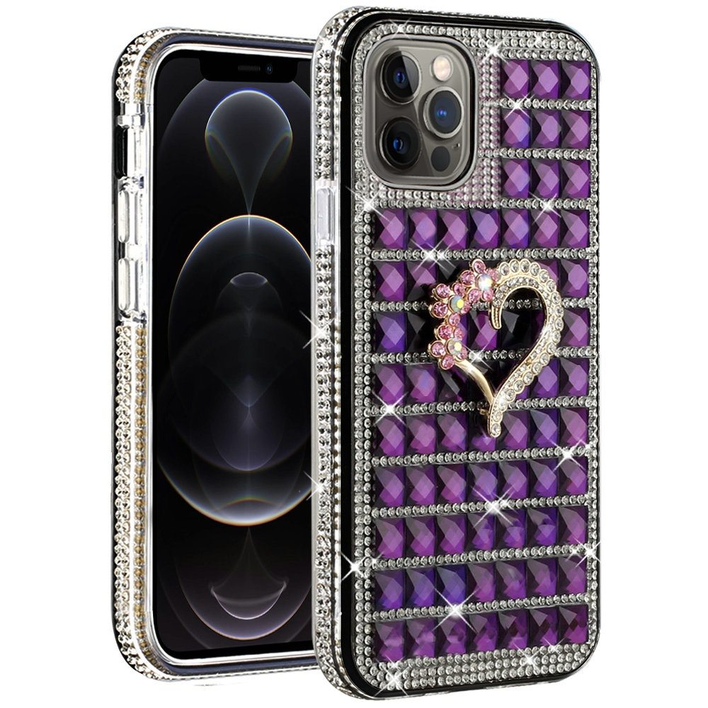 For Apple iPhone 12 Pro Max (6.7") Fashion Luxury 3D Bling Diamonds Rhinestone Jeweled Ornament Shiny Crystal Hybrid Hard  Phone Case Cover