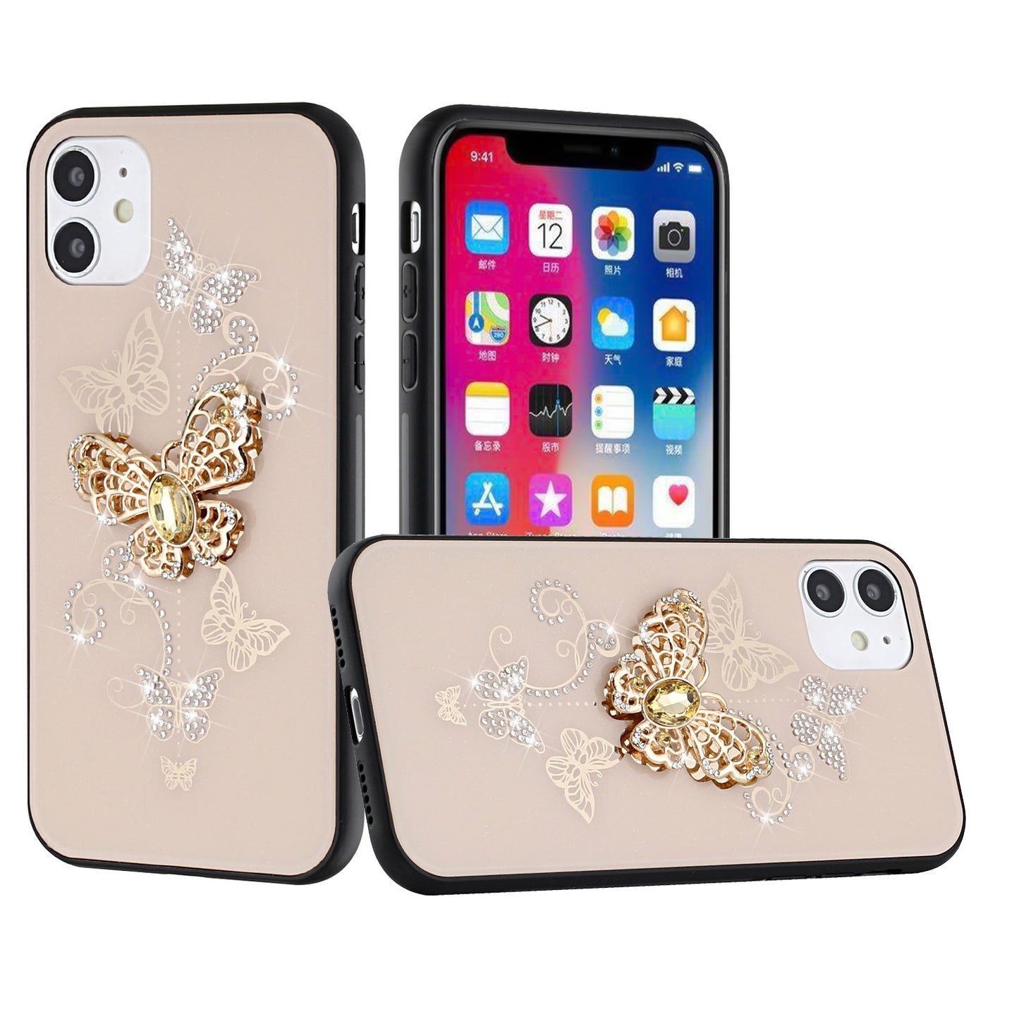 For Apple iPhone 13 Pro (6.1") 3D Diamond Bling Sparkly Glitter Ornaments Engraving Hybrid Armor Rugged Metal Fashion  Phone Case Cover