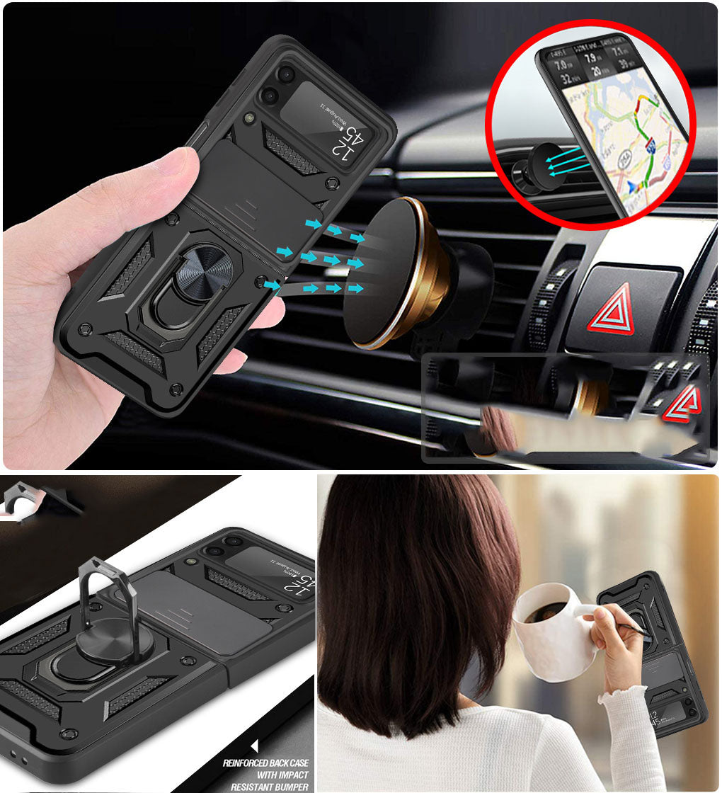 For Samsung Galaxy Z Flip 4 5G Hybrid with Slide Camera Lens Cover and Ring Holder Kickstand Rugged Heavy Duty Hard  Phone Case Cover