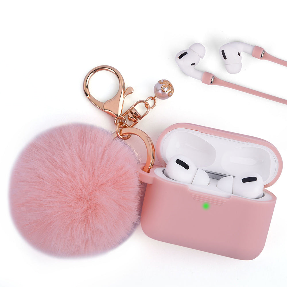 For Apple AirPods Series 3 (2021) Silicone Skin Cute Fur Ball Ornament Keychain 3 in 1 Fashion Thick TPU Gummy Luxury Soft Protective Earphone Pink Phone Case Cover