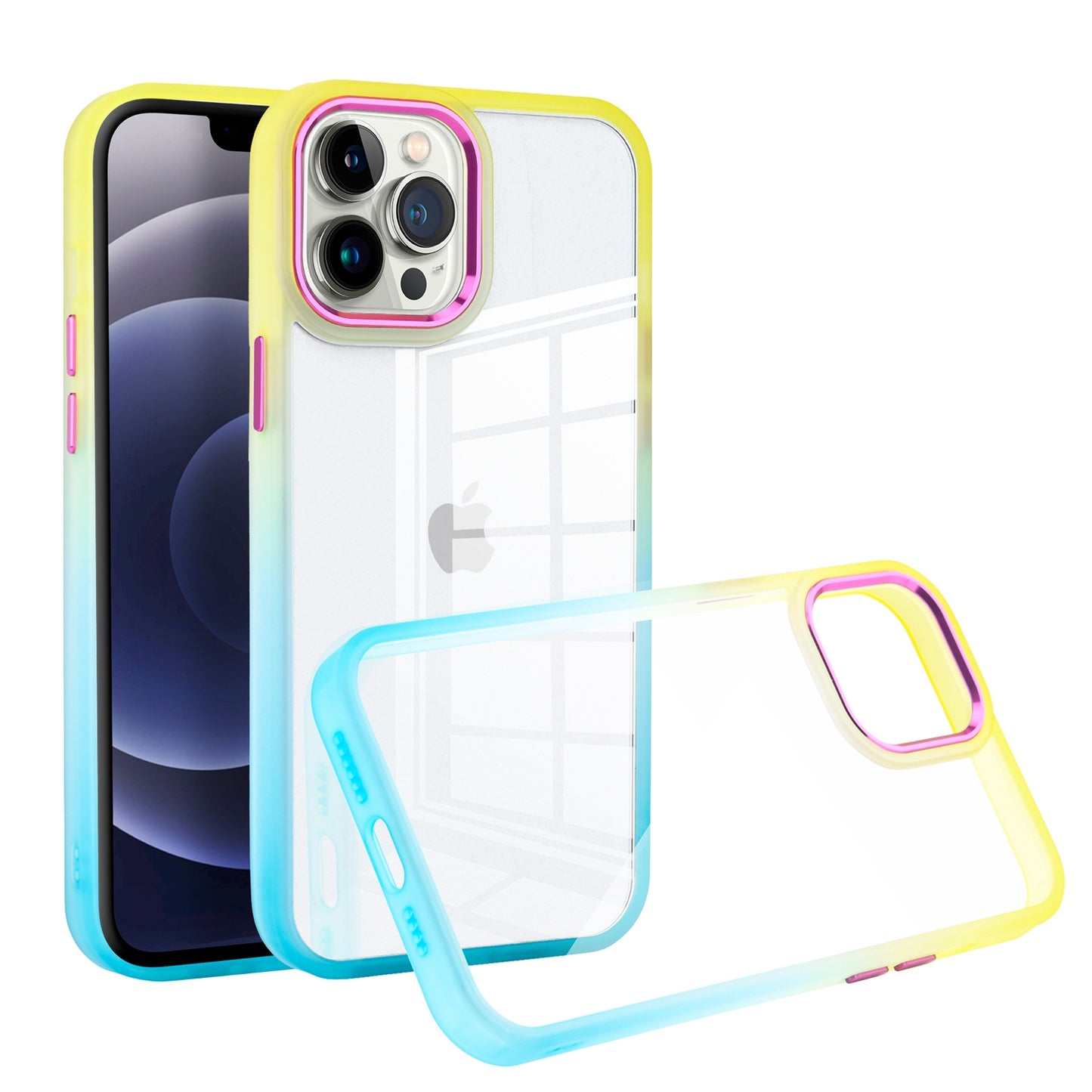 For Apple iPhone 13 Pro Max 6.7" Transparent Two Tone Gradient Colorful Frame Hybrid Rubber TPU Gummy Hard PC  Phone Case Cover