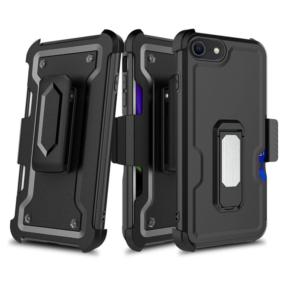 For Apple iPhone SE 2022 /SE 2020/8/7 Armor Belt Clip with Credit Card Slot, Holster, Kickstand Protective Heavy Duty Hybrid Black Phone Case Cover