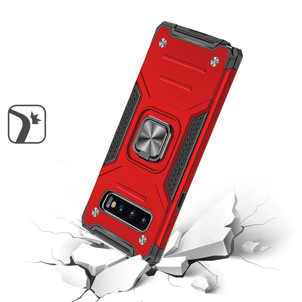 For Samsung Galaxy S10+ Plus Armor Hybrid with Ring Stand Holder Kickstand Shockproof Heavy-Duty Durable Rugged 2in1 Red Phone Case Cover