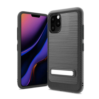 For Apple iPhone 13 Pro (6.1") Slim Brushed Hybrid Shock-Absorption Armor Edged Carbon Fiber with Metal Kickstand Rugged Texture  Phone Case Cover