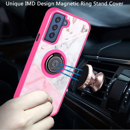 For Samsung Galaxy S22 Plus Marble Design with Magnetic Ring Kickstand Holder Hybrid TPU Hard PC Shockproof Armor Elegant Pink Phone Case Cover