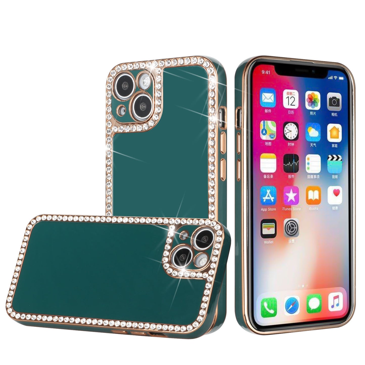 For Apple iPhone 13 /6.1" All Around 3D Diamonds Rhinestone Chrome Frame TPU Shiny Bling Glitter Protective  Phone Case Cover