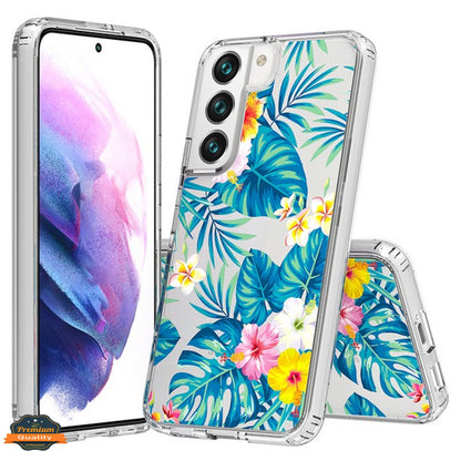 For Samsung Galaxy S22 Floral Patterns Design Transparent Soft TPU Silicone Shock Absorption Bumper Slim Hard PC Back  Phone Case Cover