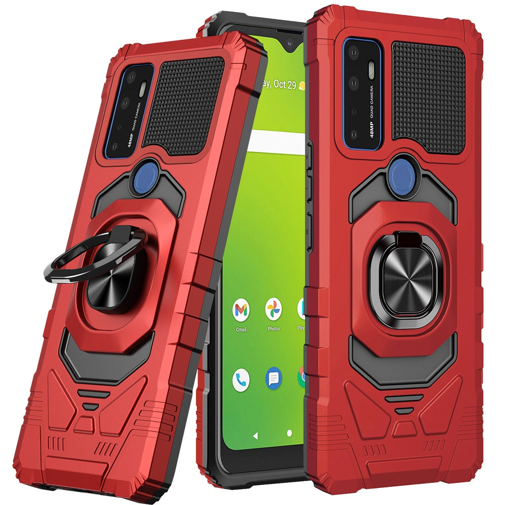 For AT&T Radiant Max 5G (6.8") Hybrid Dual Layer with Rotate Magnetic Ring Stand Holder Kickstand, Rugged Anti-Scratch Protective Red Phone Case Cover