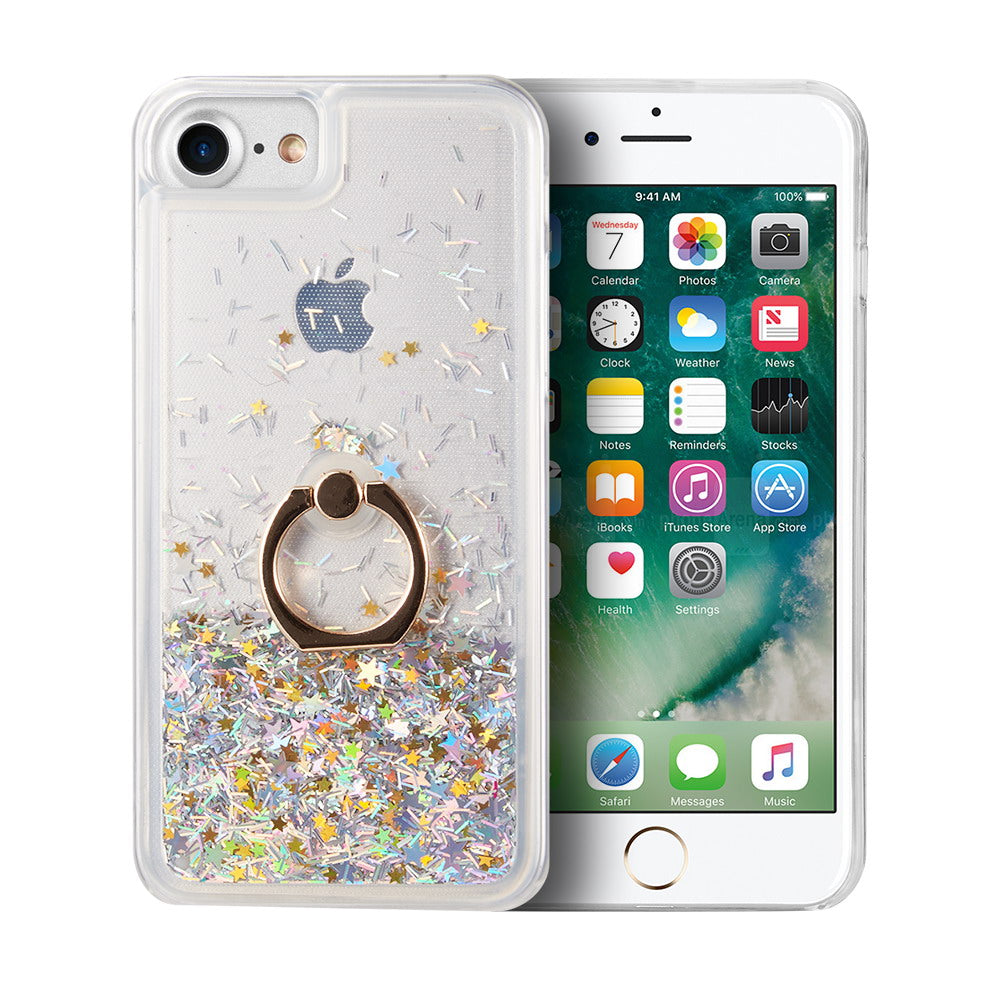 For Apple iPhone SE 3 (2022) Hybrid Glitter Bling Sparkling Liquid Quicksand TPU Rubber PC with Ring Stand Holder Kickstand  Phone Case Cover