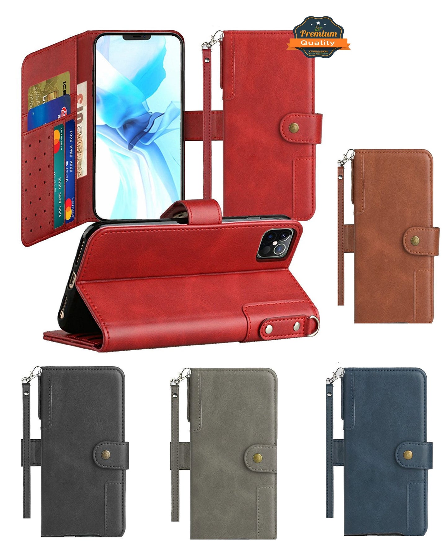 For Apple iPhone 14 (6.1") Wallet Case with Credit Card Holder, PU Leather Flip Pouch Kickstand & Strap Shockproof  Phone Case Cover