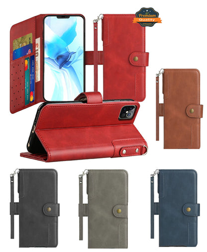 For Apple iPhone 11 (6.1") Wallet Case with Credit Card Holder, PU Leather Flip Pouch Kickstand & Strap TPU Protective  Phone Case Cover