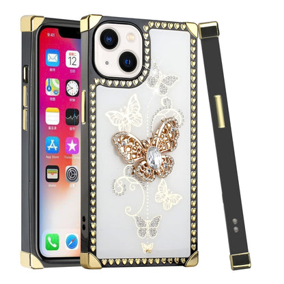 For Apple iPhone 13 (6.1") Fashion 3D Butterfly Square Hearts Diamonds Bling Sparkly Ornaments  Phone Case Cover