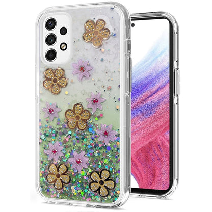 For Samsung Galaxy A53 5G Floral Stylish Design Glitter Shiny Hybrid Rubber TPU Hard PC Shockproof Armor Slim Fit  Phone Case Cover