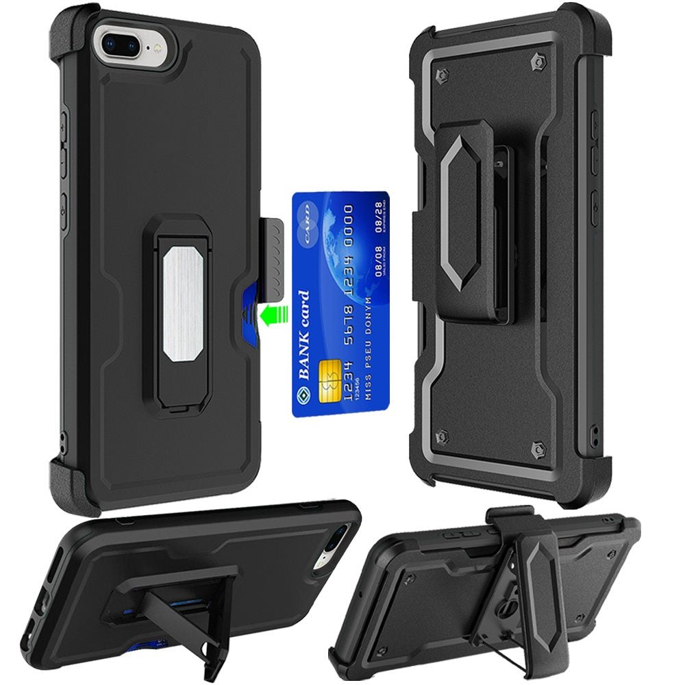 For Apple iPhone 8 Plus/7 Plus/6 6S Plus Armor Belt Clip with Credit Card Holder ID Slot, Holster, Kickstand Heavy Duty Hybrid Black Phone Case Cover