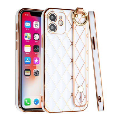 For Apple iPhone 11 (6.1") Chromed Grid Design with Strap Holder Fashion Hybrid Rubber TPU Hard PC Slim Fit  Phone Case Cover