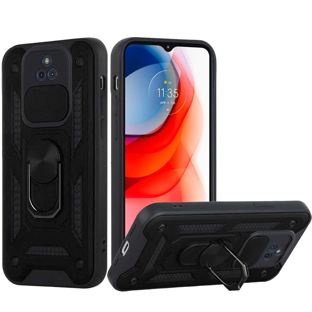 For Motorola Moto G Play 2021 Hybrid Cases with Slide Camera Lens Cover and Ring Holder Kickstand Rugged Dual Layer Heavy Duty  Phone Case Cover