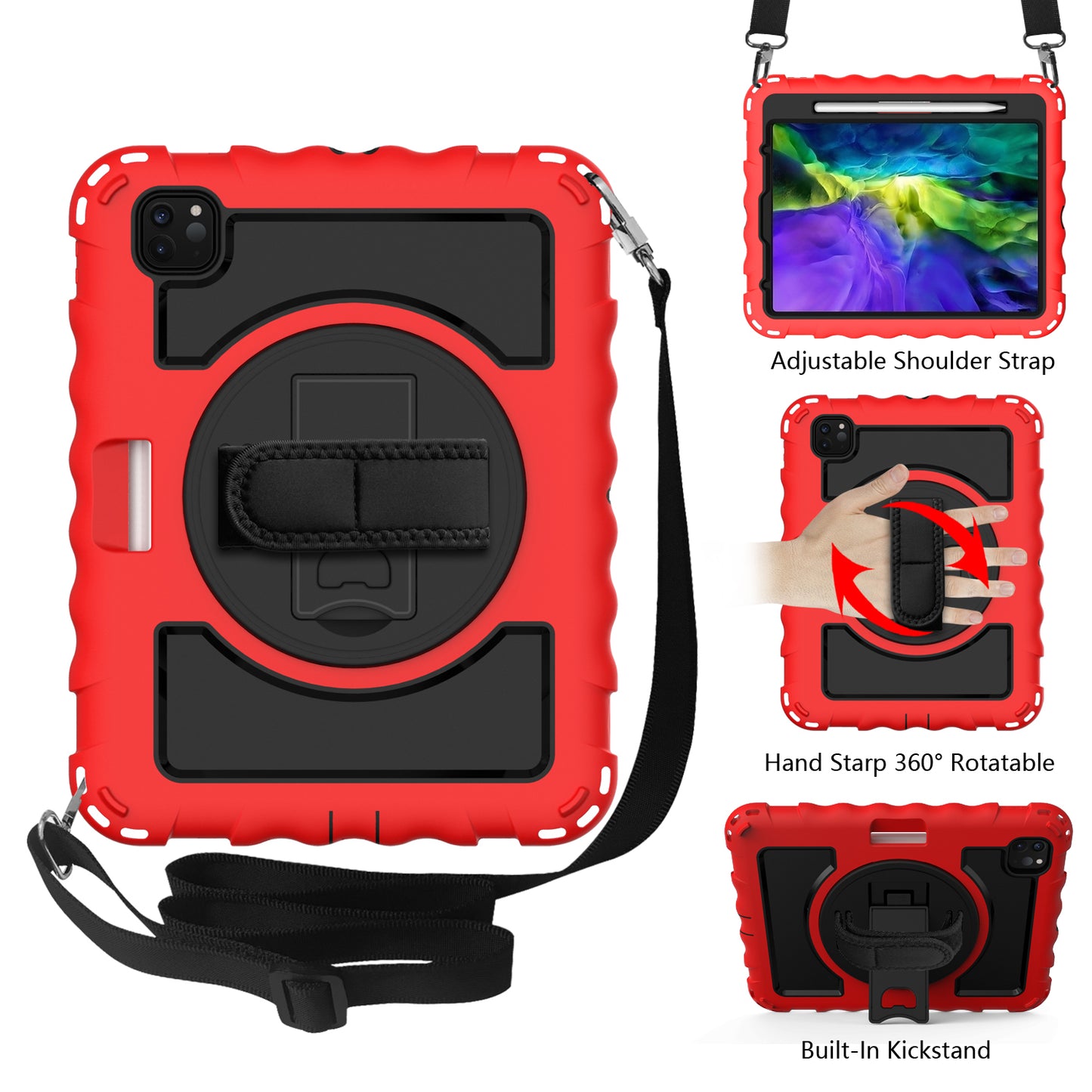 Case for Apple iPad Air 4 / iPad Air 5 / iPad Pro (11 inch) Hybrid 3in1 Armor Rugged with Built-in Kickstand 360° Rotatable Stand & Shoulder Hand Strap Corner Shockproof Red Tablet Cover